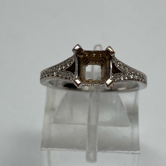 18K White Gold Natural Diamond Princess Cut Semi Mount Engagement Ring Fits 5mm - Picture 1 of 16